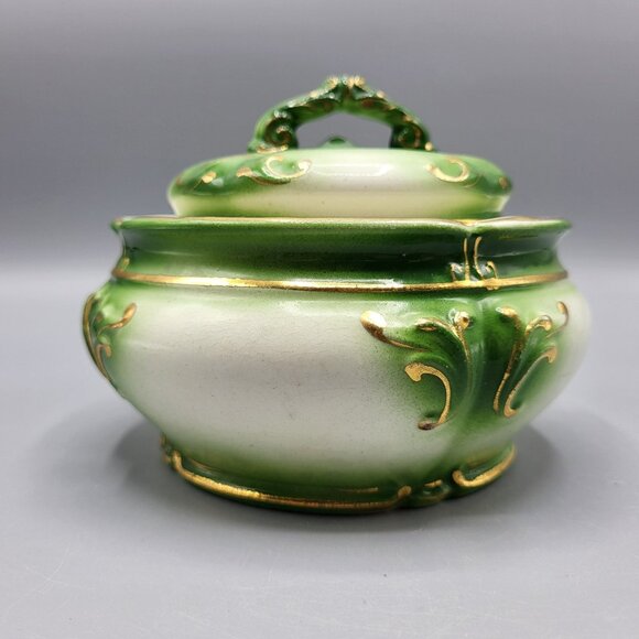 Vintage Ceramic Lidded Pot Jar Flower Frog Emerald Green Gold Accents Home Decor - Picture 1 of 11